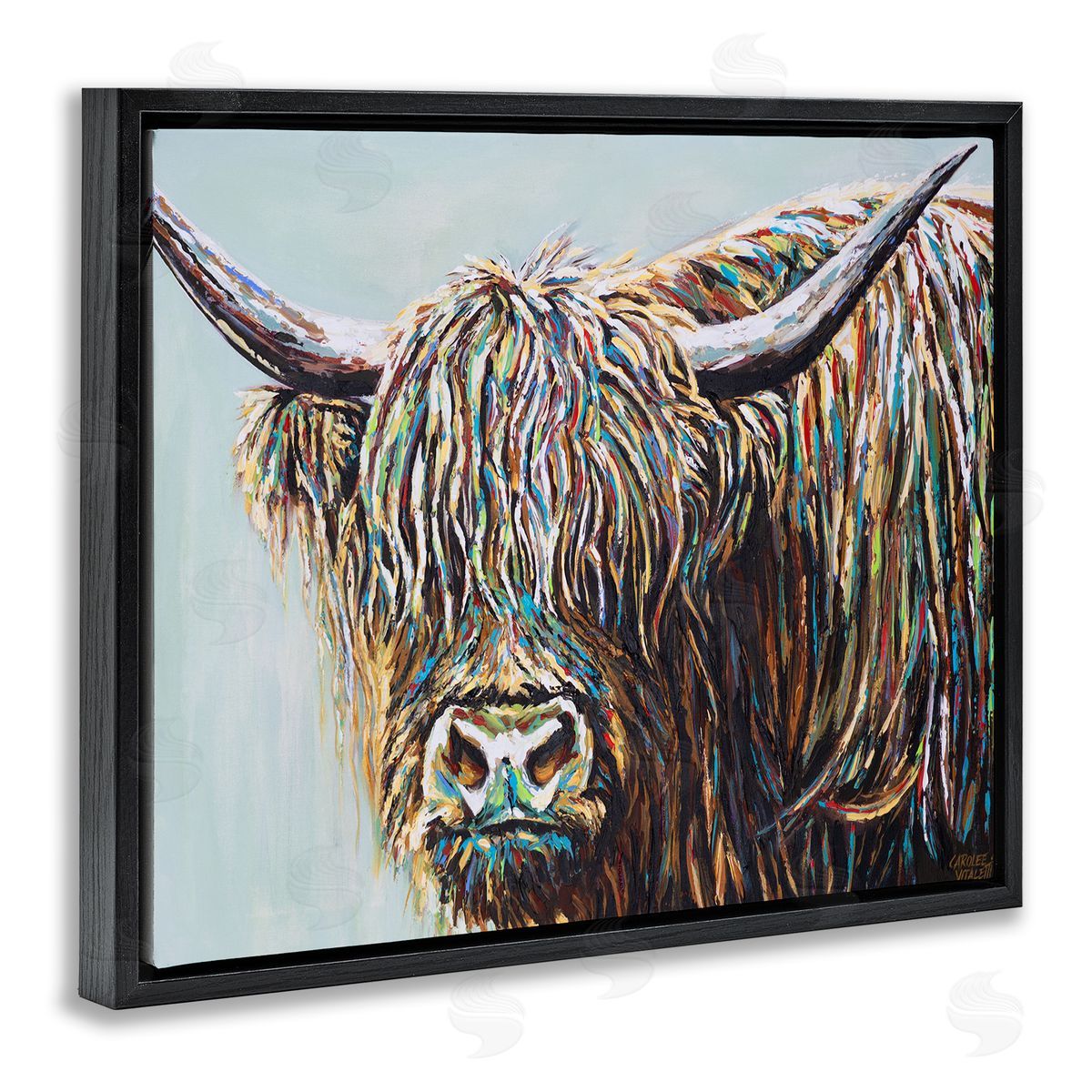 Carolee Vitaletti Whimsical Rainbow Hair Woolly Highland Cattle Portrait Black Floater Frame Canvas Art