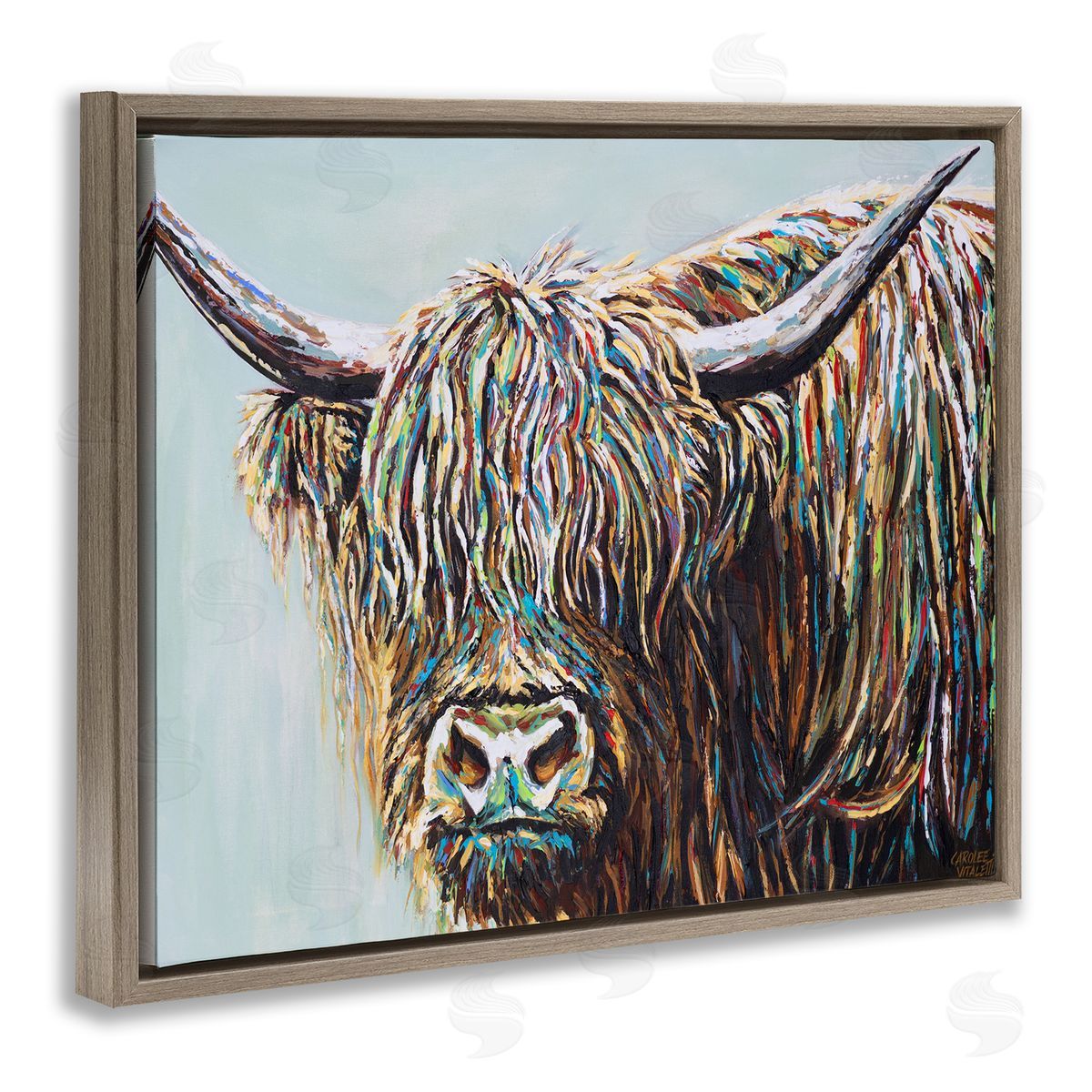 Carolee Vitaletti Whimsical Rainbow Hair Woolly Highland Cattle Portrait Brown Floater Frame Canvas Art