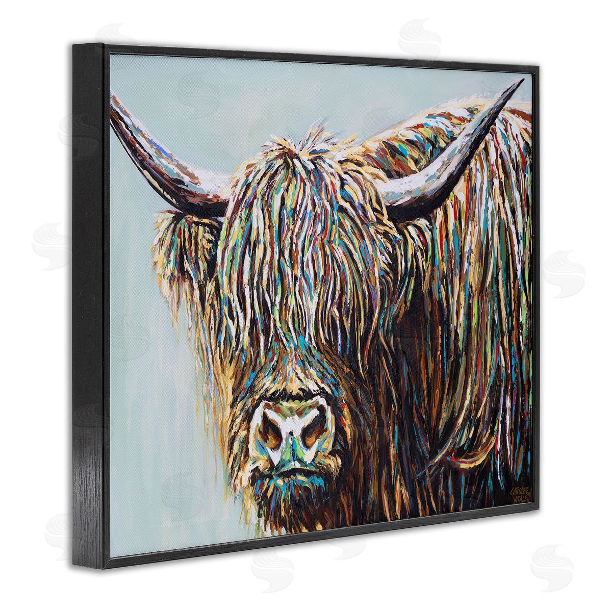 Carolee Vitaletti Whimsical Rainbow Hair Woolly Highland Cattle Portrait Black Framed Giclee Wall Art