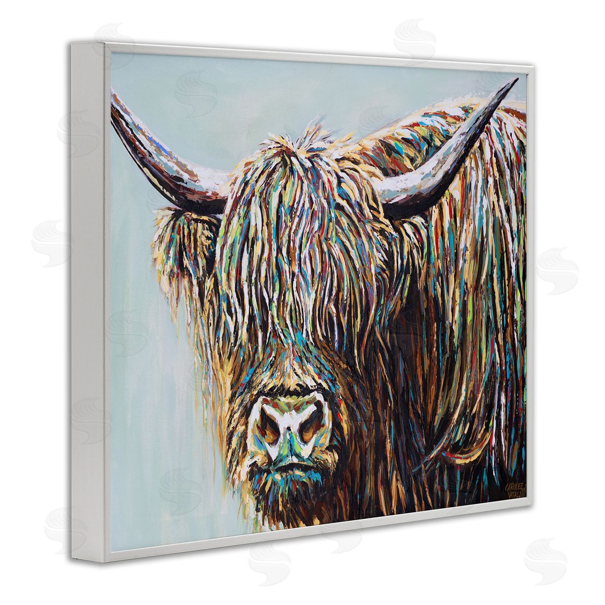 Carolee Vitaletti Whimsical Rainbow Hair Woolly Highland Cattle Portrait White Framed Giclee Wall Art