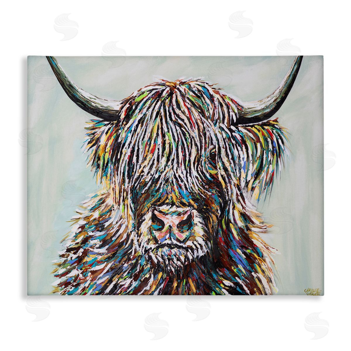 Carolee Vitaletti Country Cattle Wooly Highland Portrait Rainbow Hair Canvas Wall Art
