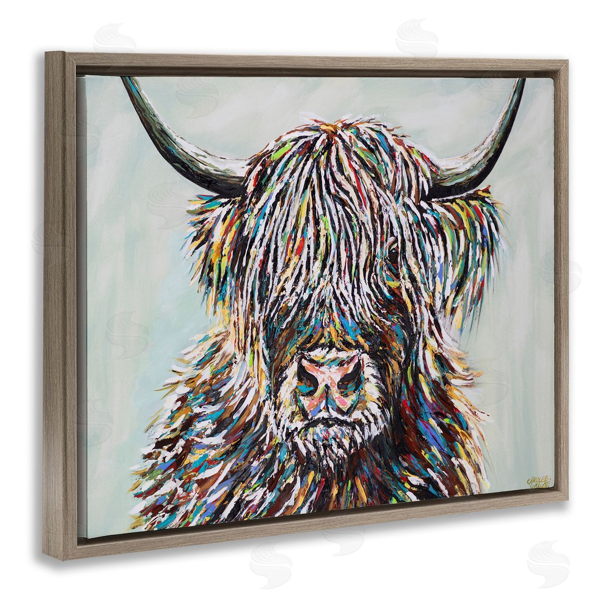 Carolee Vitaletti Country Cattle Wooly Highland Portrait Rainbow Hair Brown Floater Frame Canvas Art