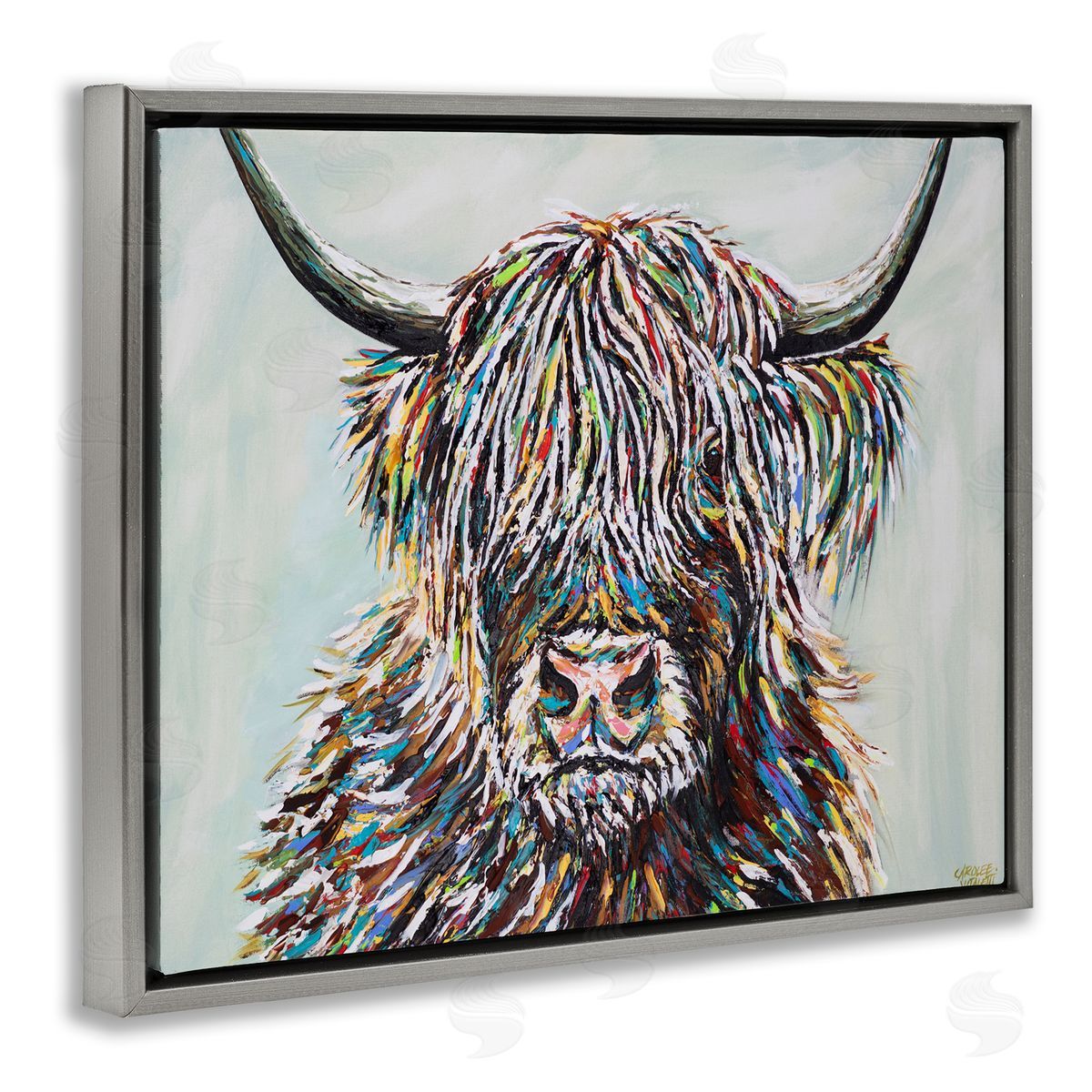 Carolee Vitaletti Country Cattle Wooly Highland Portrait Rainbow Hair Gray Floater Frame Canvas Art