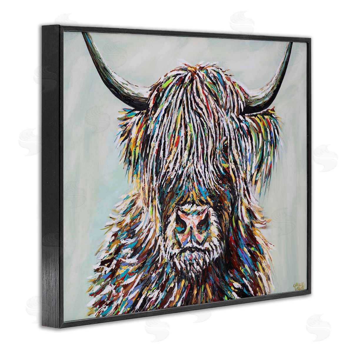 Carolee Vitaletti Country Cattle Wooly Highland Portrait Rainbow Hair Black Framed Giclee Wall Art