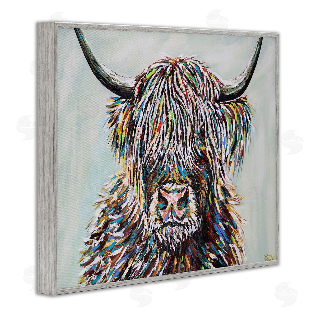 Carolee Vitaletti Country Cattle Wooly Highland Portrait Rainbow Hair Gray Framed Giclee Wall Art