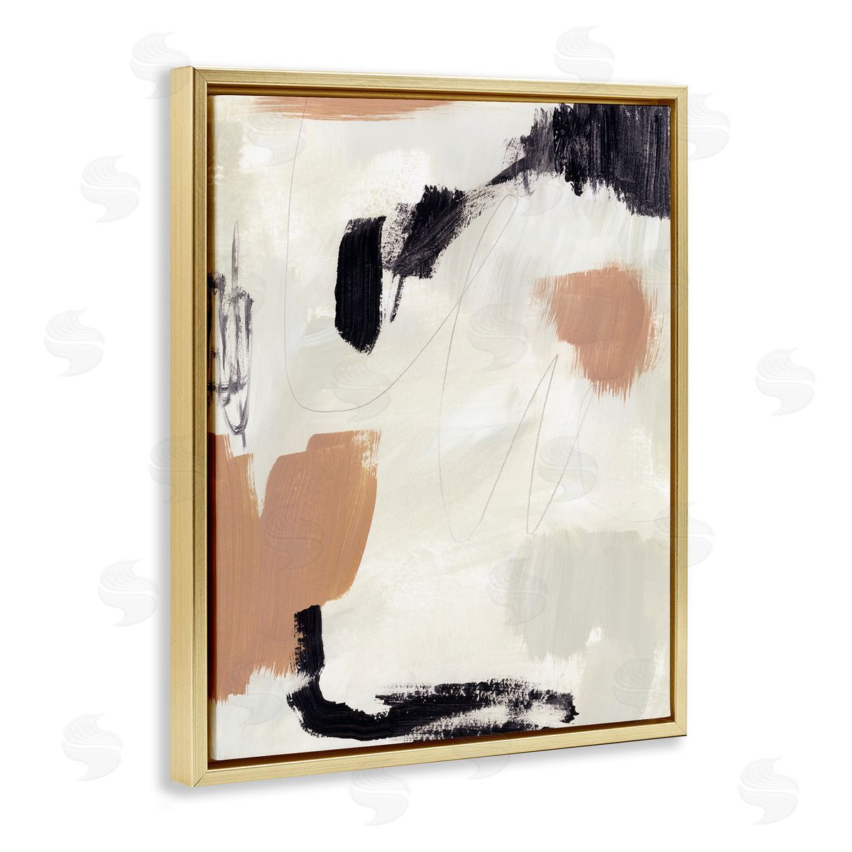 Victoria Barnes Expressive Abstract Composition Neutral Beige Black Gold Floater Frame Canvas Art