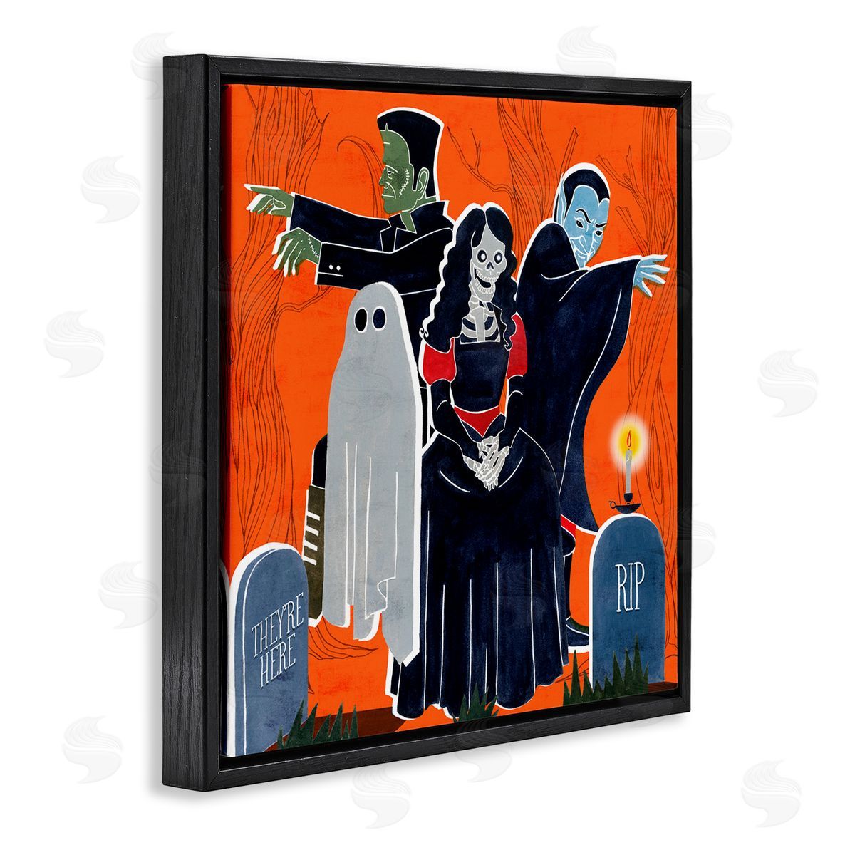 Grace Popp Halloween Graveyard Monsters Vibrant Orange Pop Black Floater Frame Canvas Art