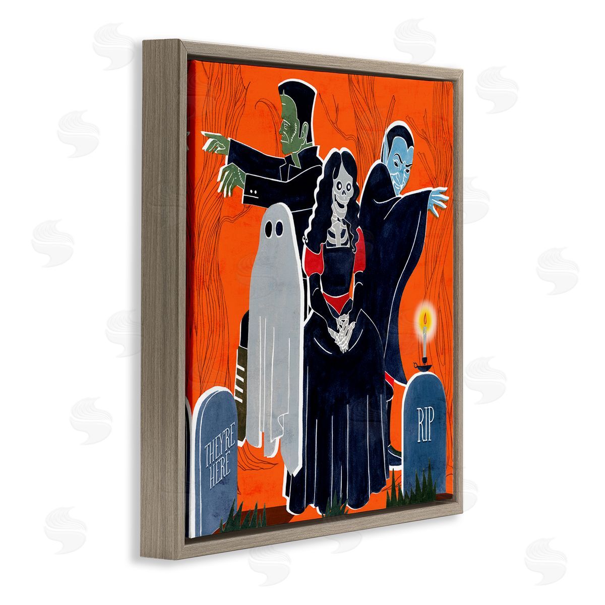 Grace Popp Halloween Graveyard Monsters Vibrant Orange Pop Brown Floater Frame Canvas Art