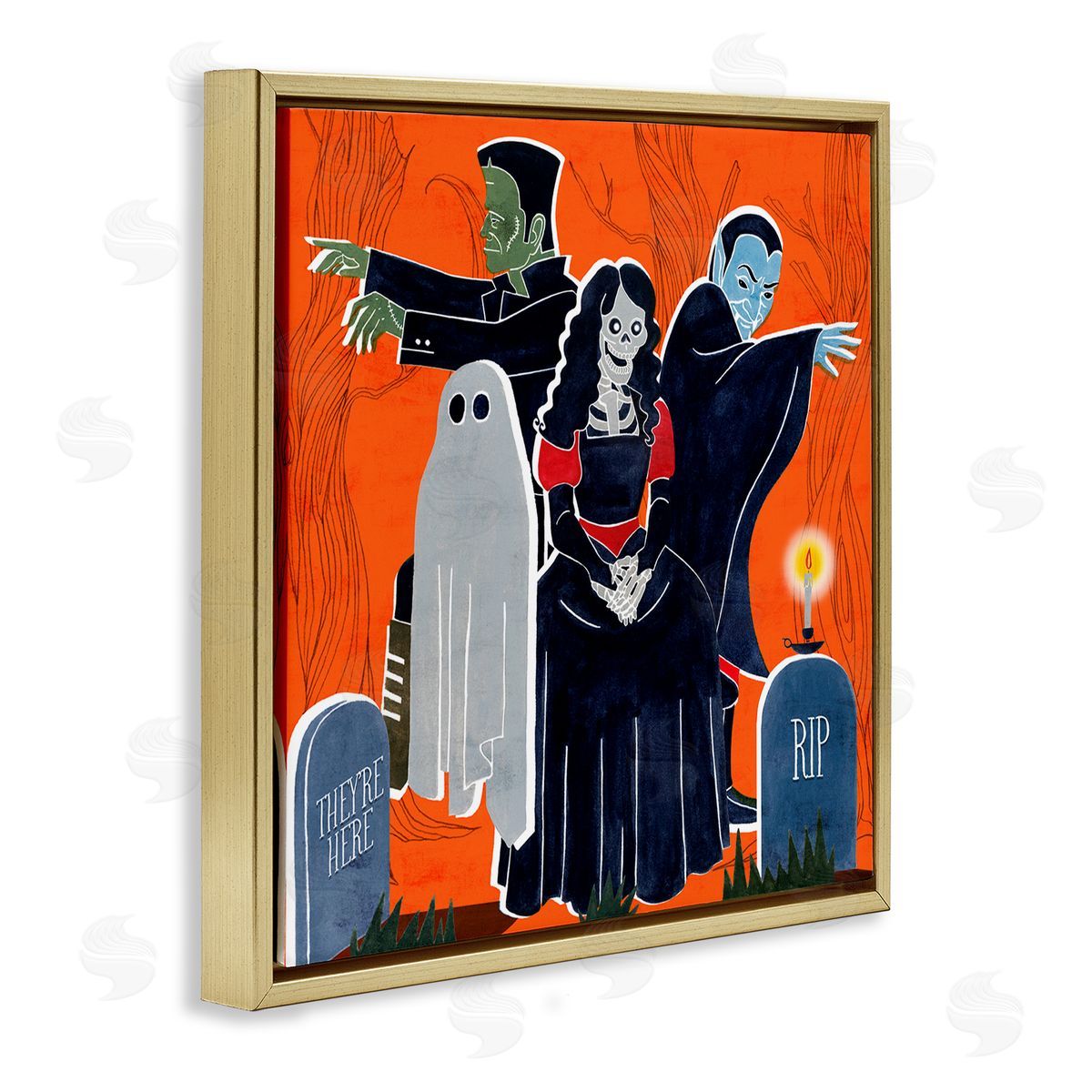 Grace Popp Halloween Graveyard Monsters Vibrant Orange Pop Gold Floater Frame Canvas Art