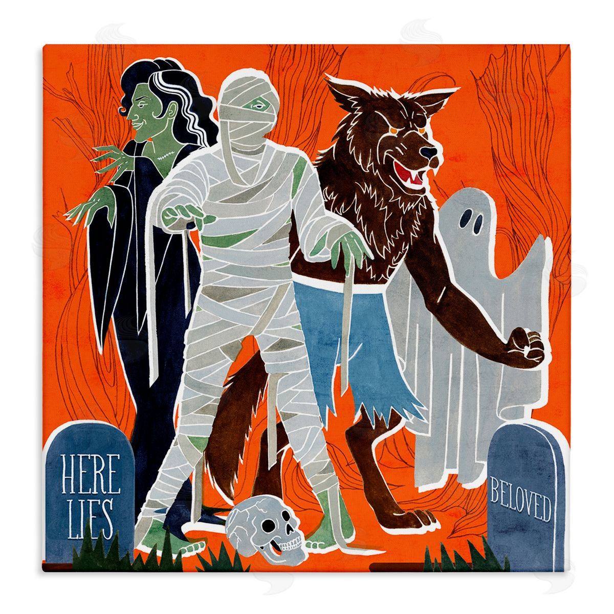 Grace Popp Spooky Halloween Monsters Orange Graveyard Ghost Canvas Wall Art