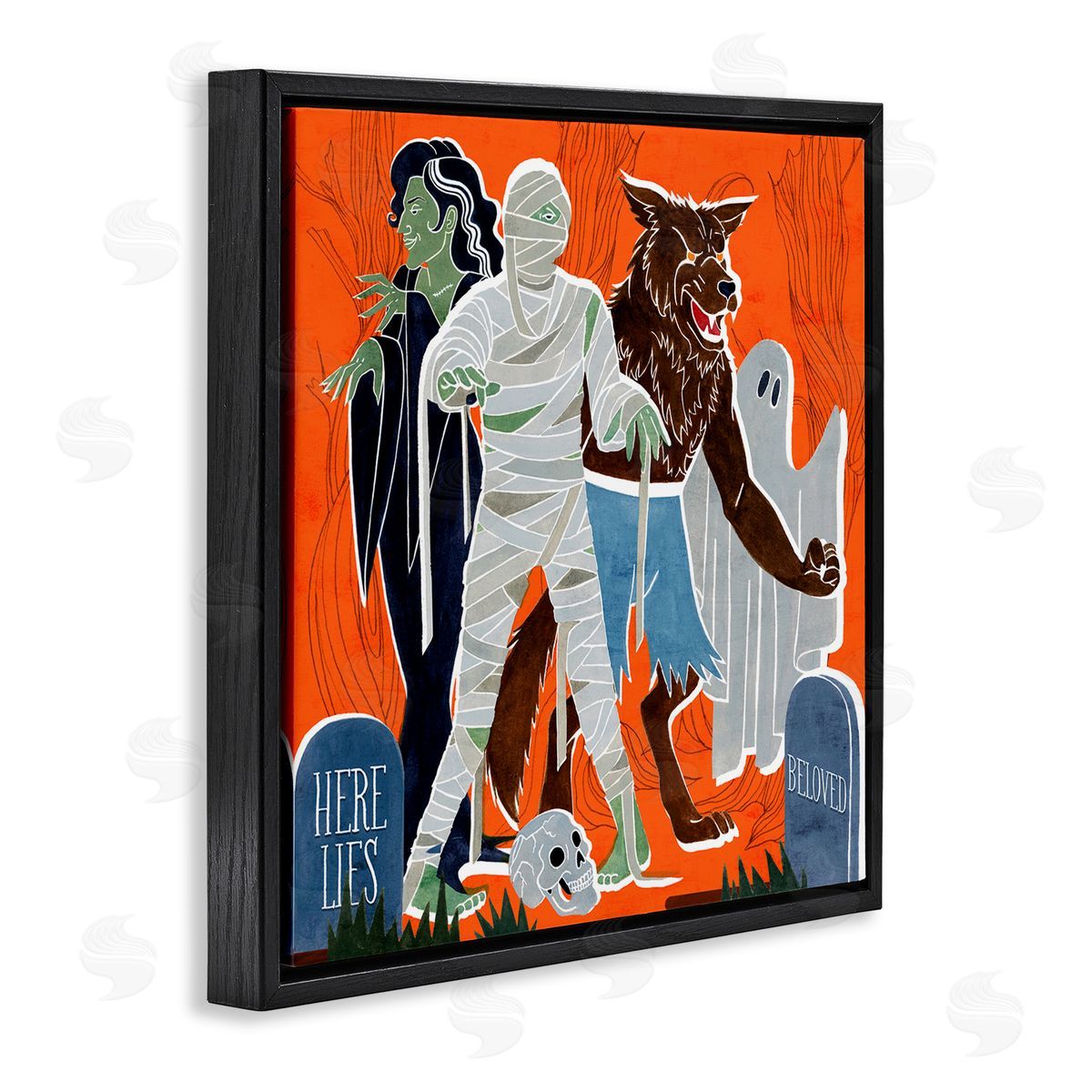 Grace Popp Spooky Halloween Monsters Orange Graveyard Ghost Black Floater Frame Canvas Art