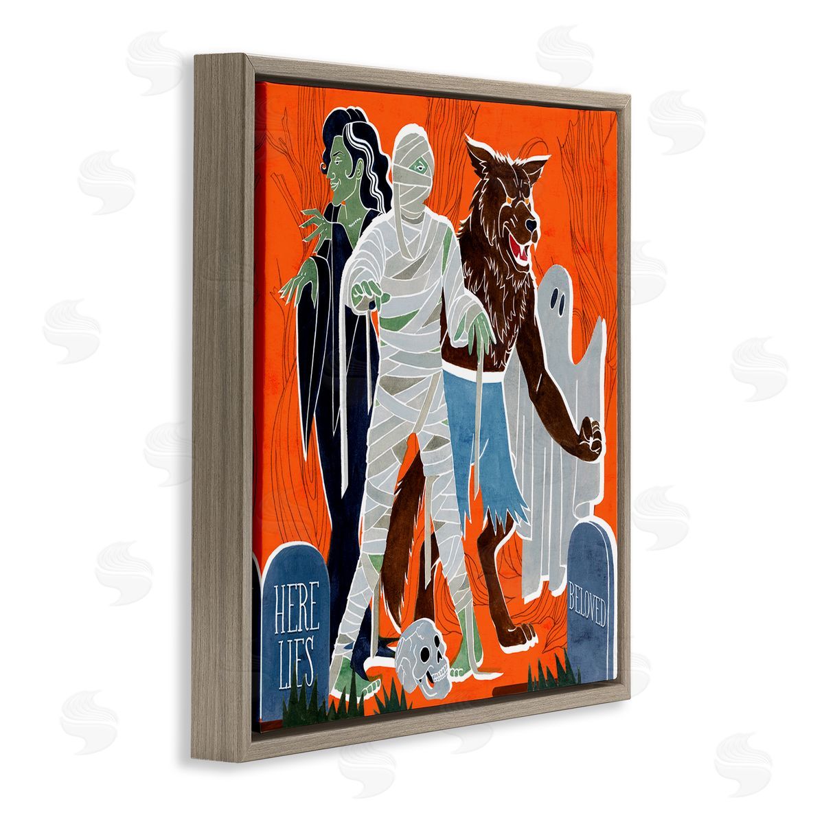 Grace Popp Spooky Halloween Monsters Orange Graveyard Ghost Brown Floater Frame Canvas Art