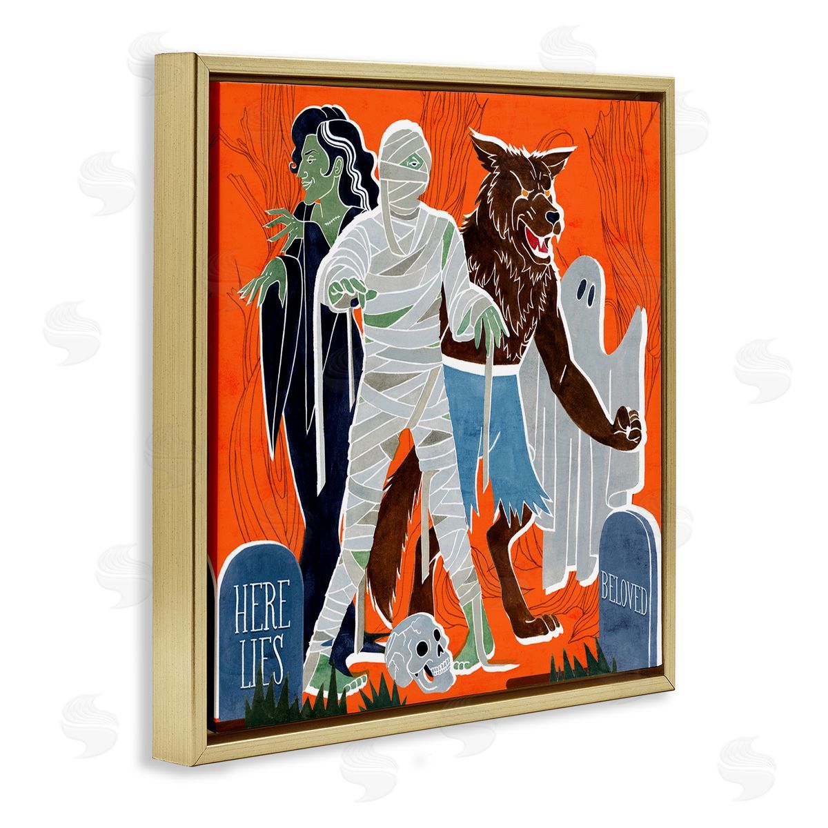 Grace Popp Spooky Halloween Monsters Orange Graveyard Ghost Gold Floater Frame Canvas Art