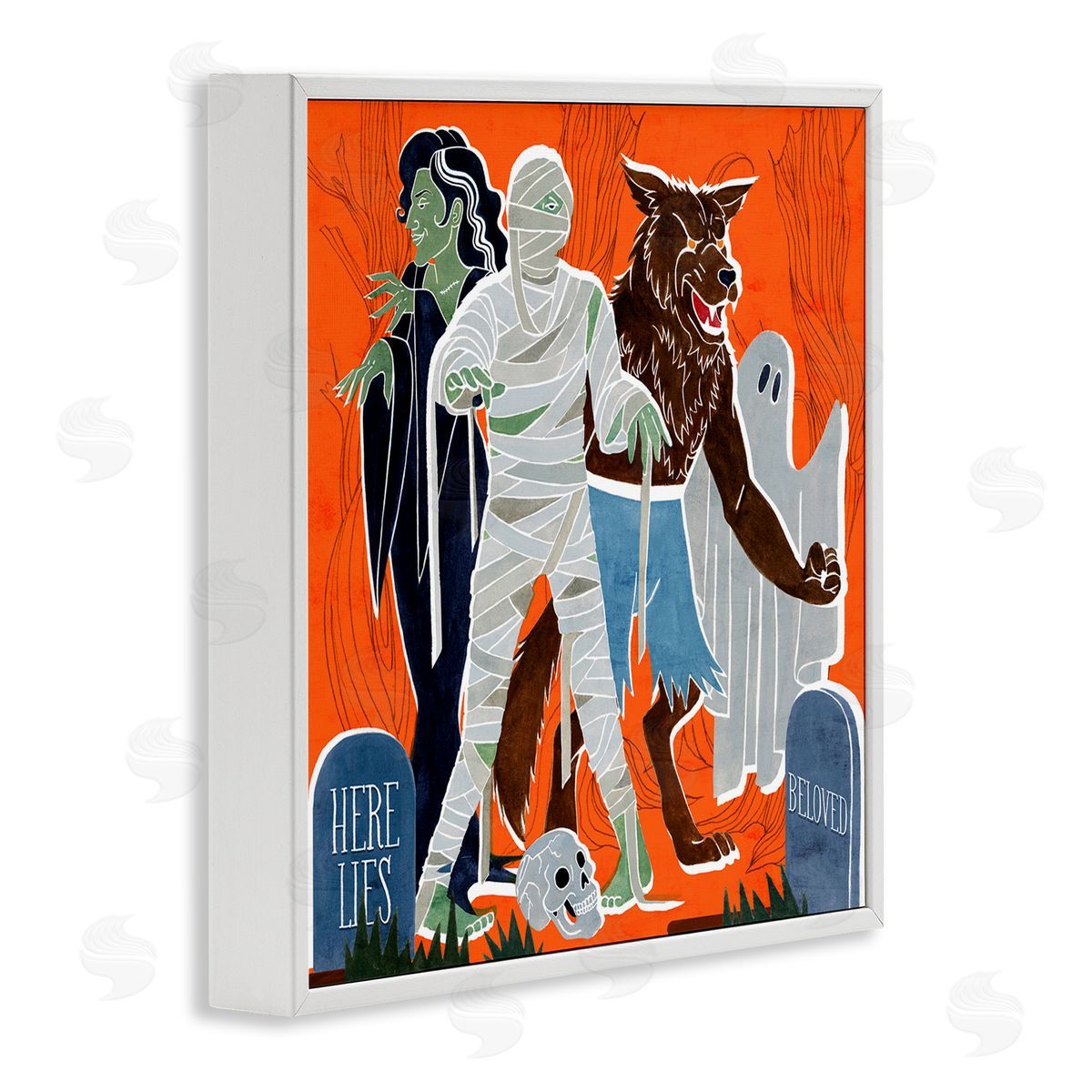Grace Popp Spooky Halloween Monsters Orange Graveyard Ghost White Framed Giclee Wall Art