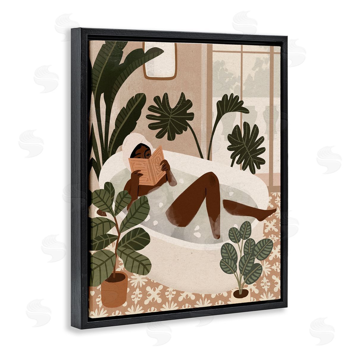 Victoria Barnes Female Reading in Bath Tropical Palm Plants Black Floater Frame Canvas Art