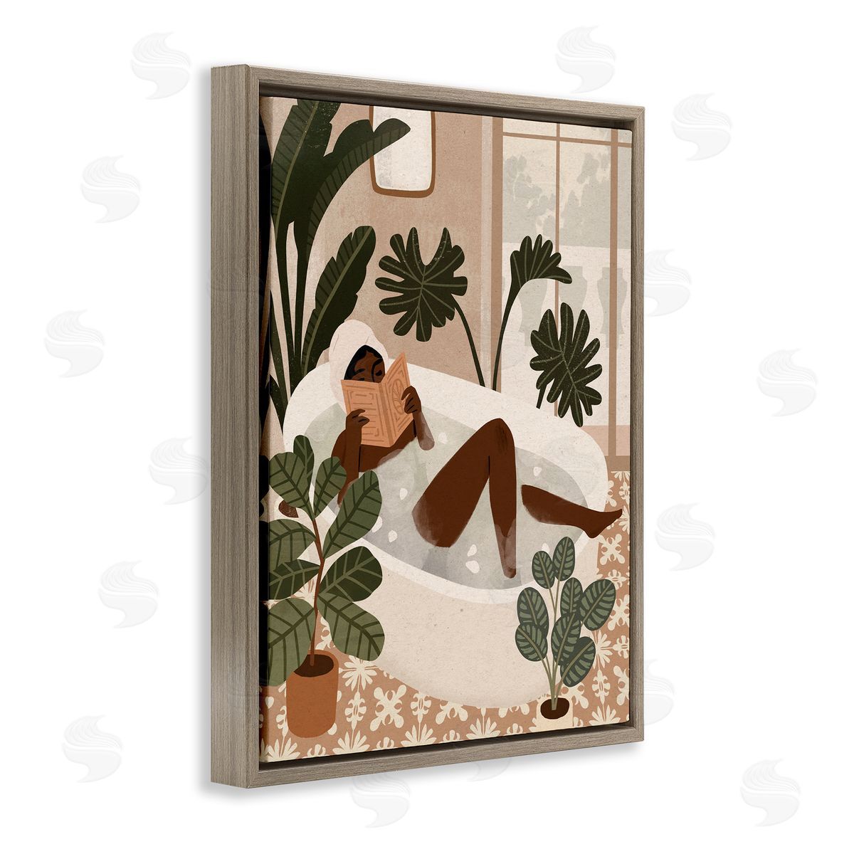 Victoria Barnes Female Reading in Bath Tropical Palm Plants Brown Floater Frame Canvas Art