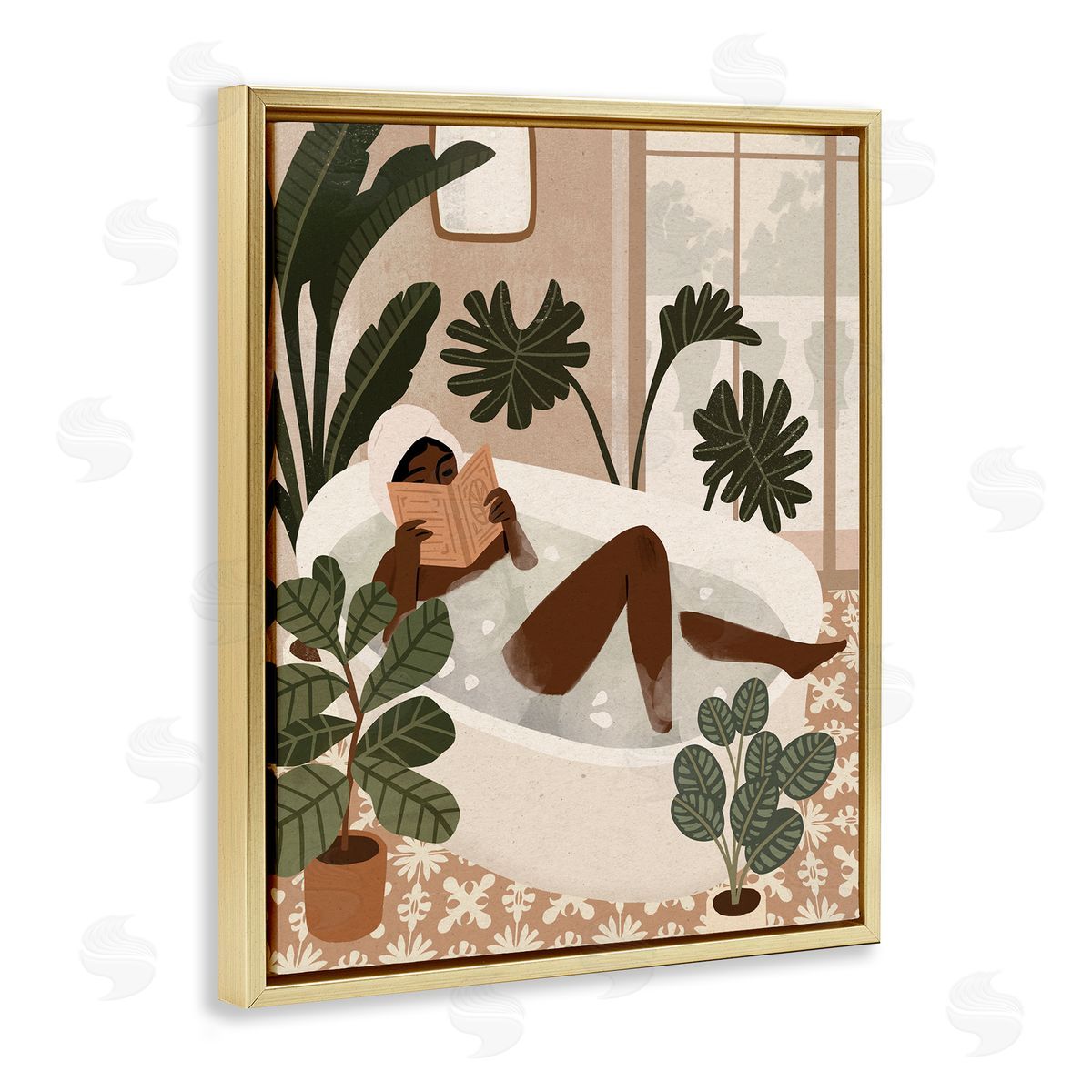 Victoria Barnes Female Reading in Bath Tropical Palm Plants Gold Floater Frame Canvas Art