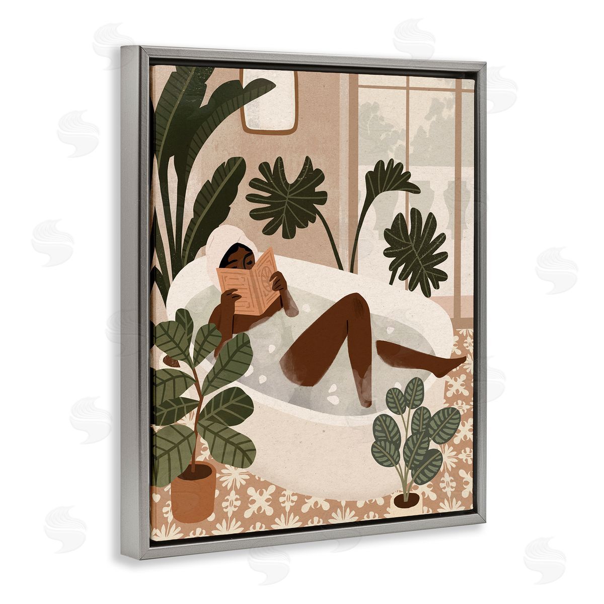 Victoria Barnes Female Reading in Bath Tropical Palm Plants Gray Floater Frame Canvas Art