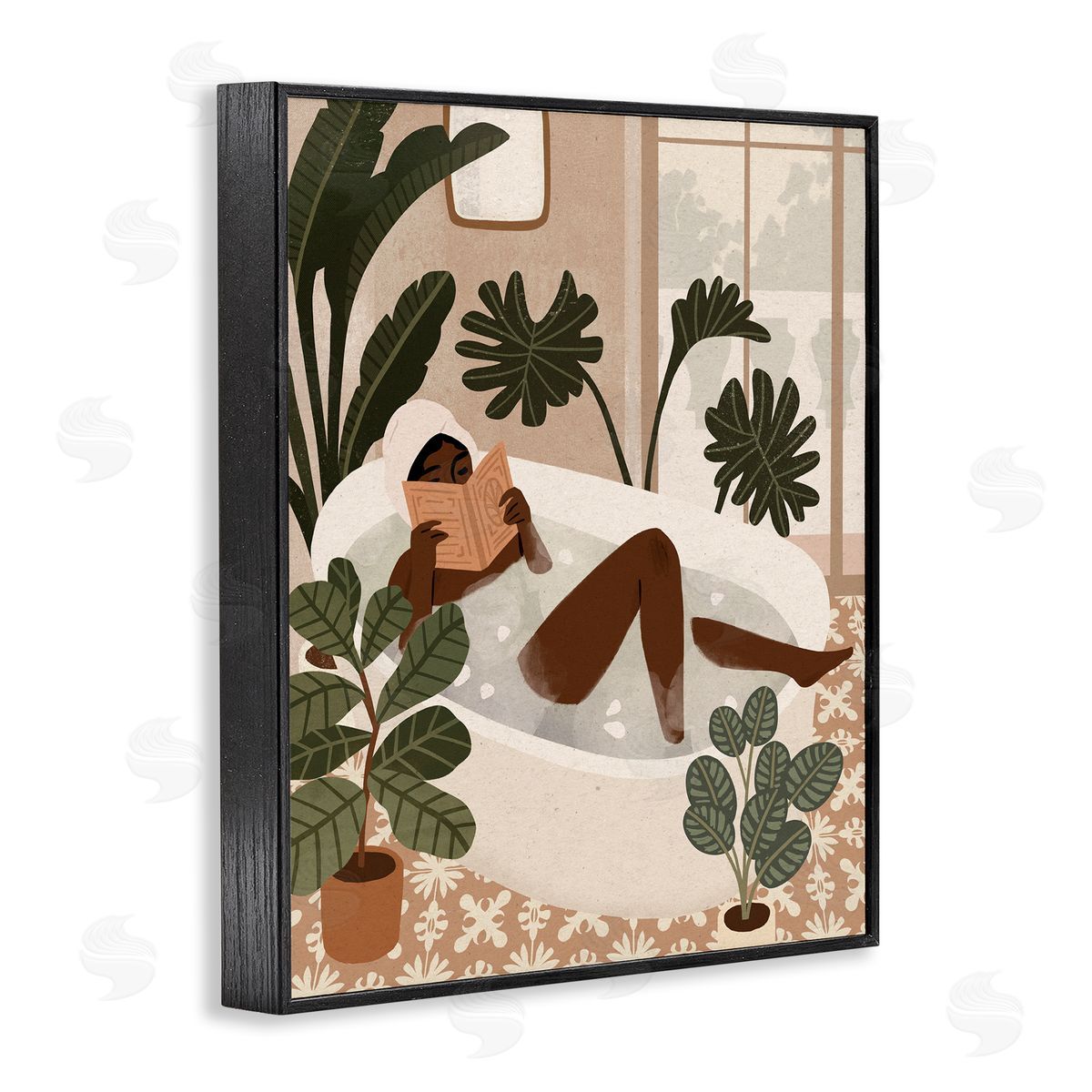 Victoria Barnes Female Reading in Bath Tropical Palm Plants Black Framed Giclee Wall Art
