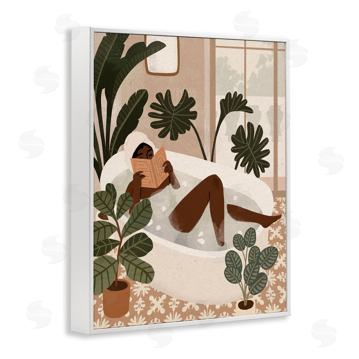 Victoria Barnes Female Reading in Bath Tropical Palm Plants White Framed Giclee Wall Art