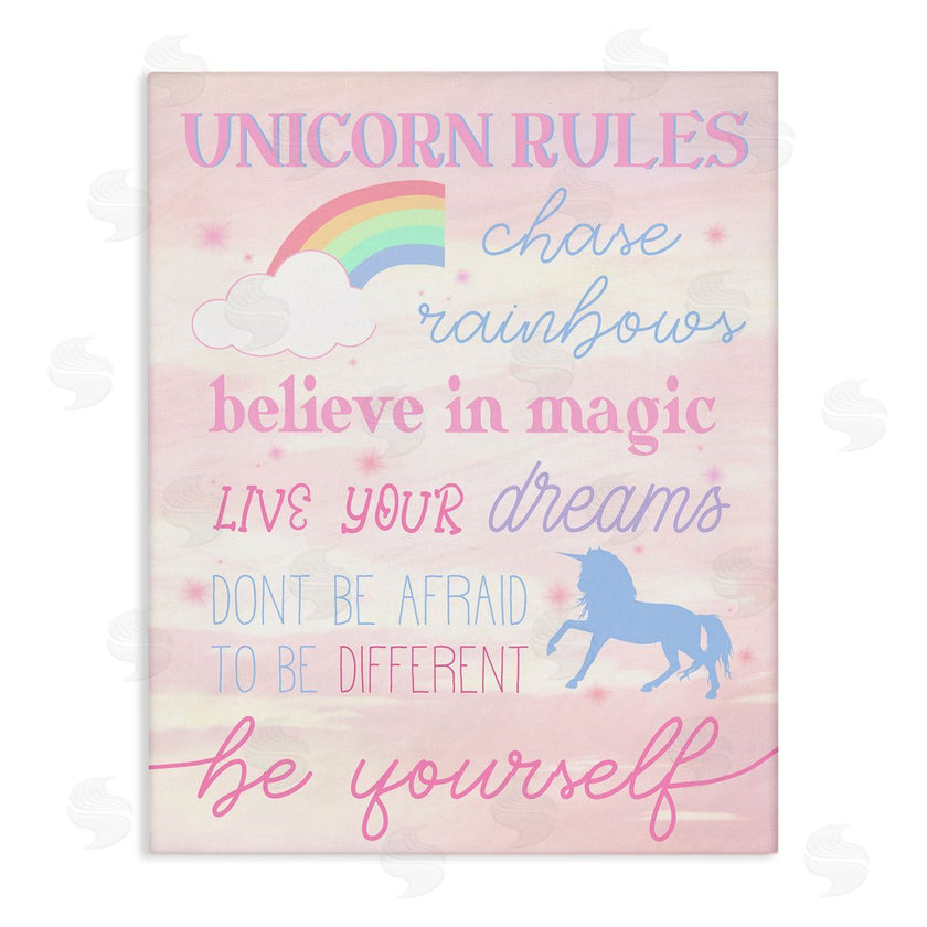 Stupell Studio | Unicorn Rules Happiness Rainbow Pink Sky