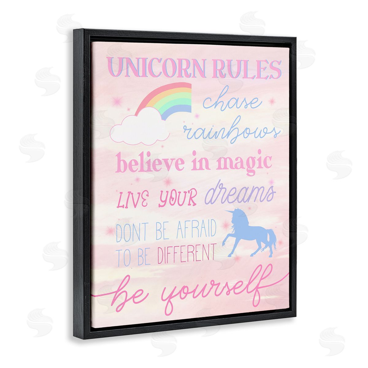 Stupell Studio Unicorn Rules Happiness Rainbow Pink Sky Black Floater Frame Canvas Art
