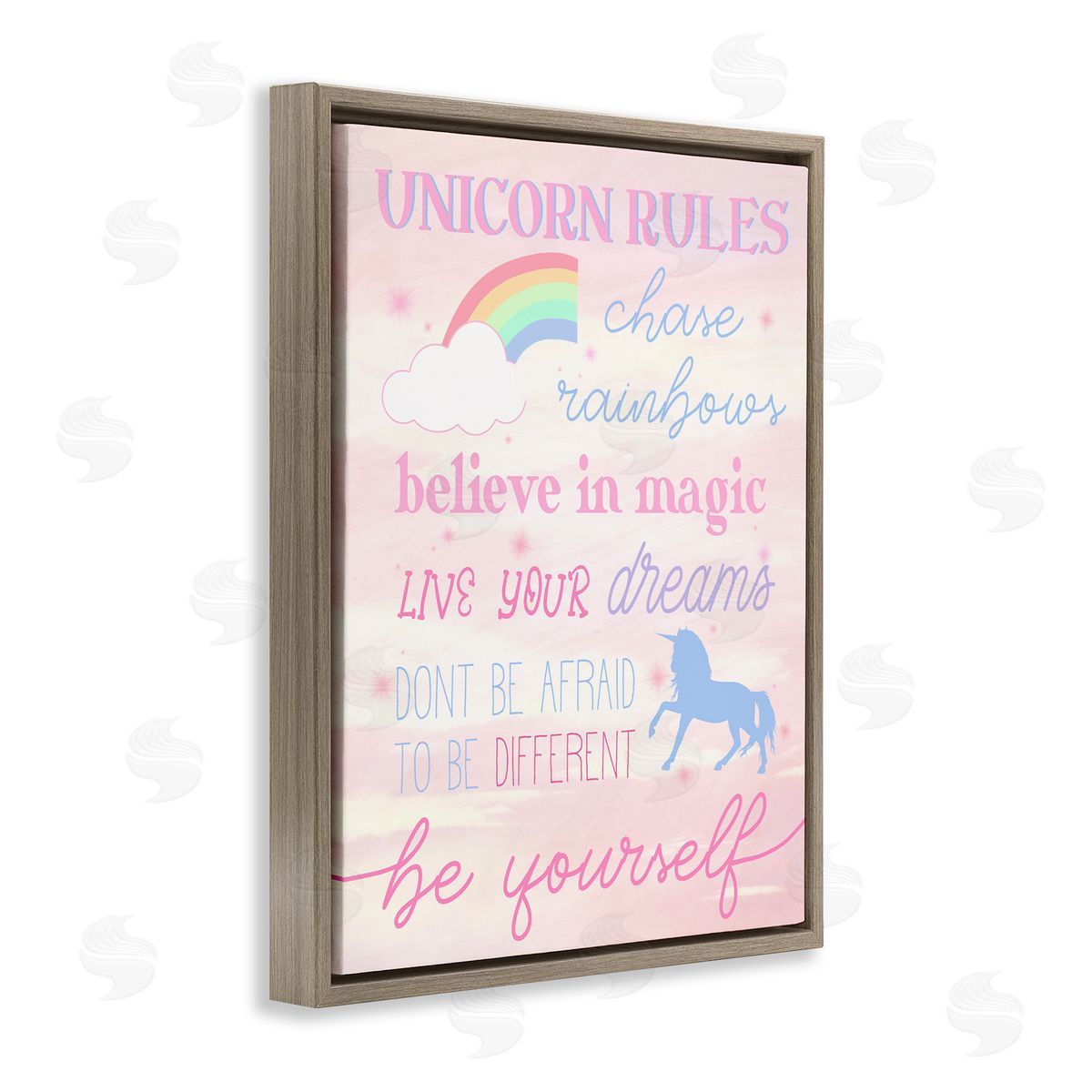Stupell Studio Unicorn Rules Happiness Rainbow Pink Sky Brown Floater Frame Canvas Art