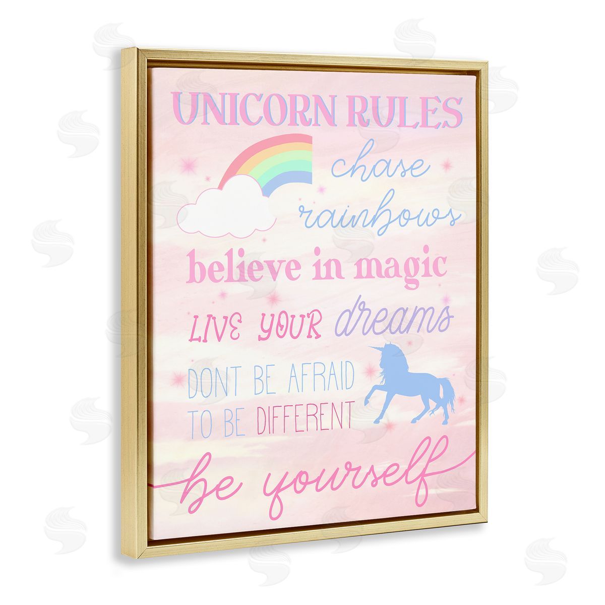 Stupell Studio Unicorn Rules Happiness Rainbow Pink Sky Gold Floater Frame Canvas Art