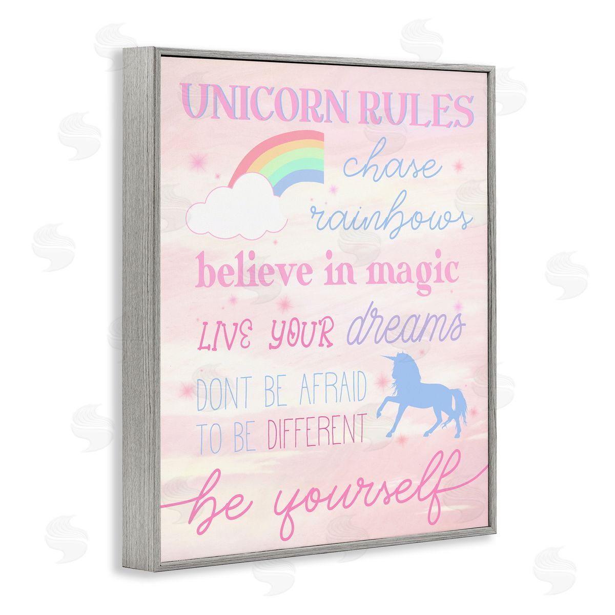 Stupell Studio Unicorn Rules Happiness Rainbow Pink Sky Gray Framed Giclee Wall Art