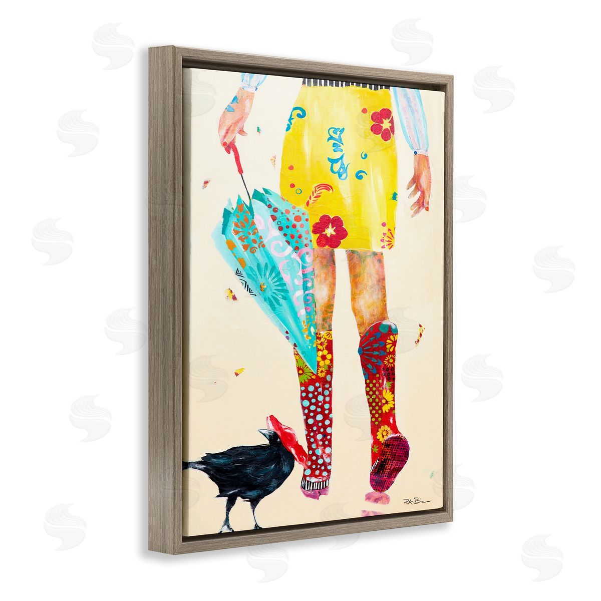 Pamela K. Beer Walking In Rainboots Cheerful Vibrant Pattern Brown Floater Frame Canvas Art