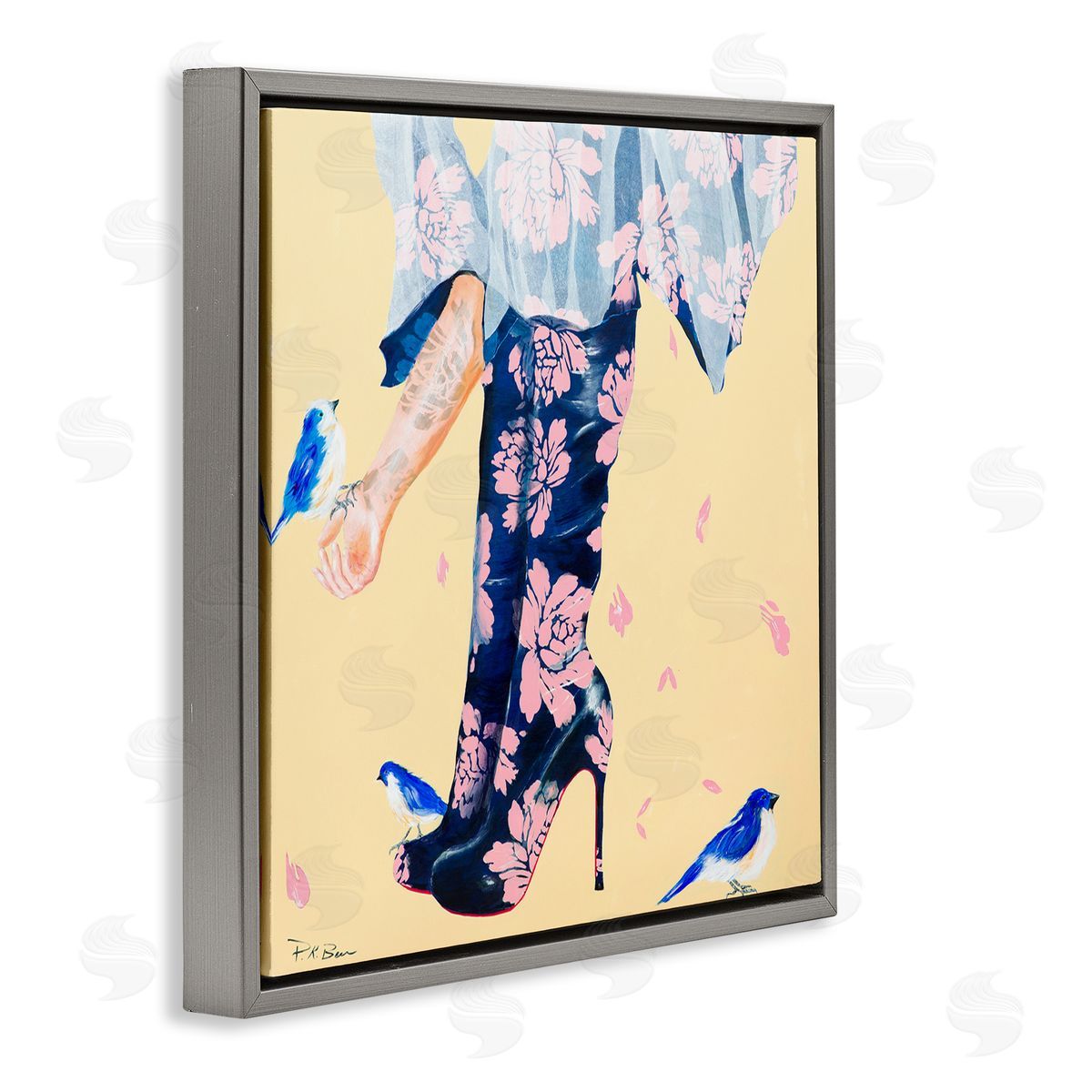 Pamela K. Beer Floral Print Boot Heals Hand Holding Bird Gray Floater Frame Canvas Art