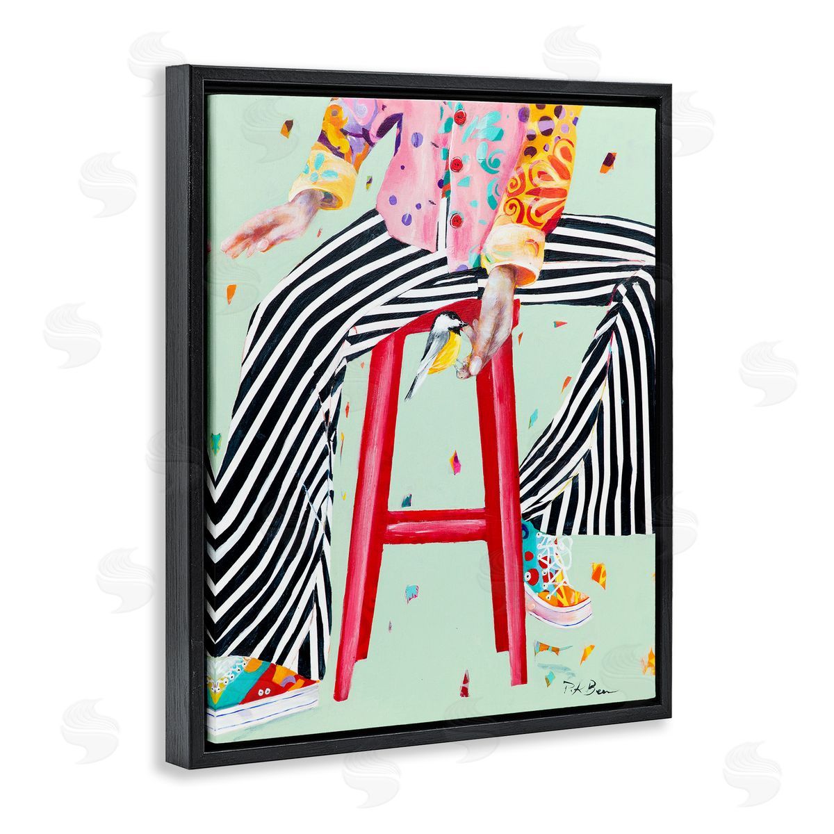 Pamela K. Beer Sitting On Stool with Bird Fun Expressive Fashion Black Floater Frame Canvas Art