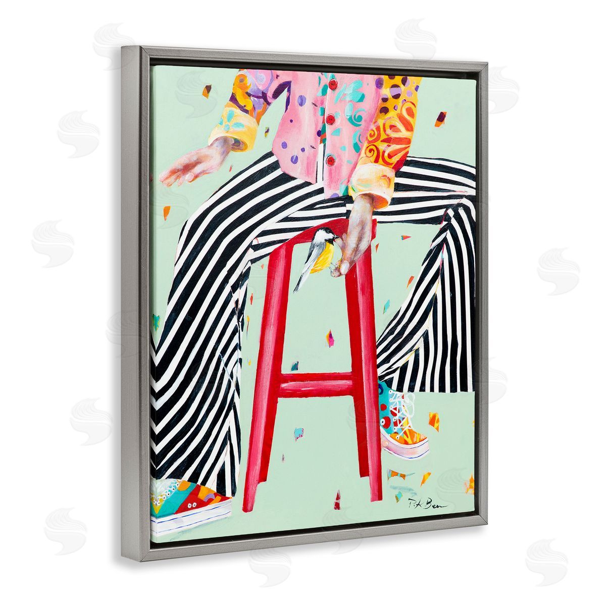 Pamela K. Beer Sitting On Stool with Bird Fun Expressive Fashion Gray Floater Frame Canvas Art