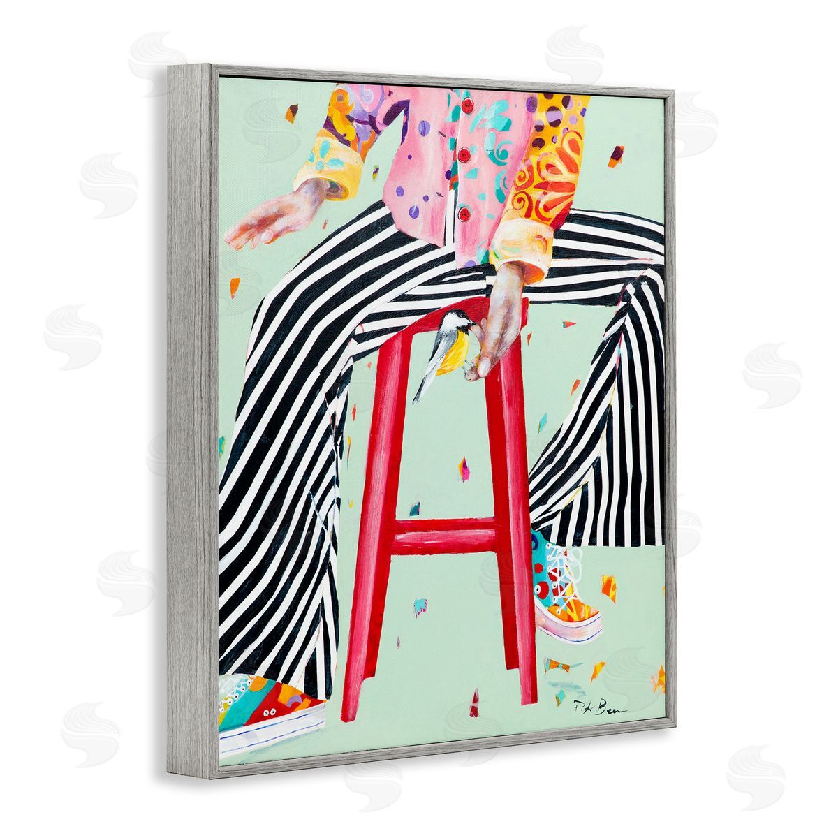 Pamela K. Beer Sitting On Stool with Bird Fun Expressive Fashion Gray Framed Giclee Wall Art