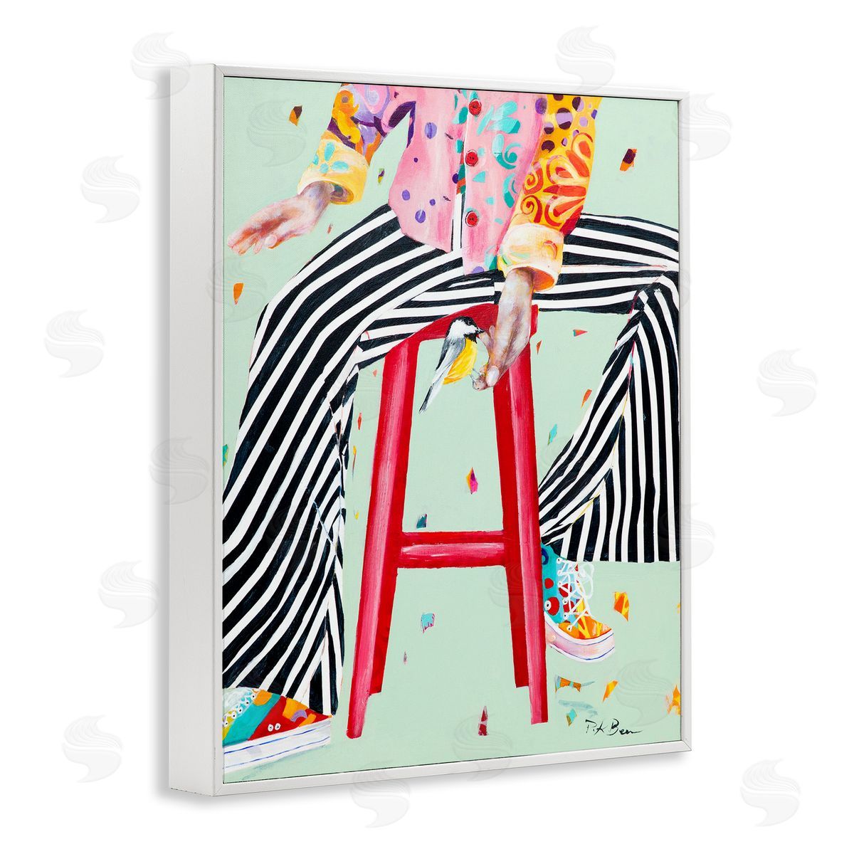 Pamela K. Beer Sitting On Stool with Bird Fun Expressive Fashion White Framed Giclee Wall Art