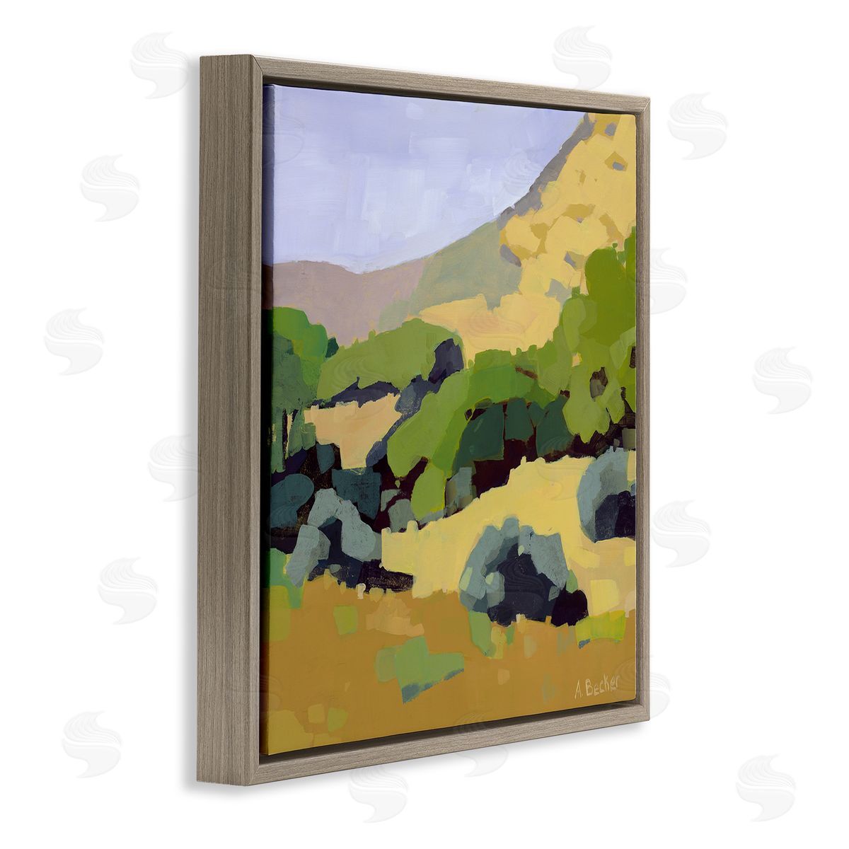 Anne Becker Green Hillside Meadow Abstract Country Landscape Brown Floater Frame Canvas Art