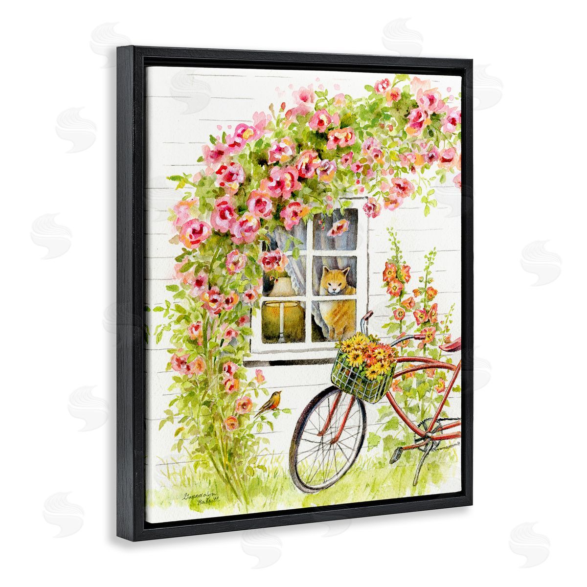 Gwendolyn Babbit Pink Bicycle with Charming Cat Cottage  Black Floater Frame Canvas Art