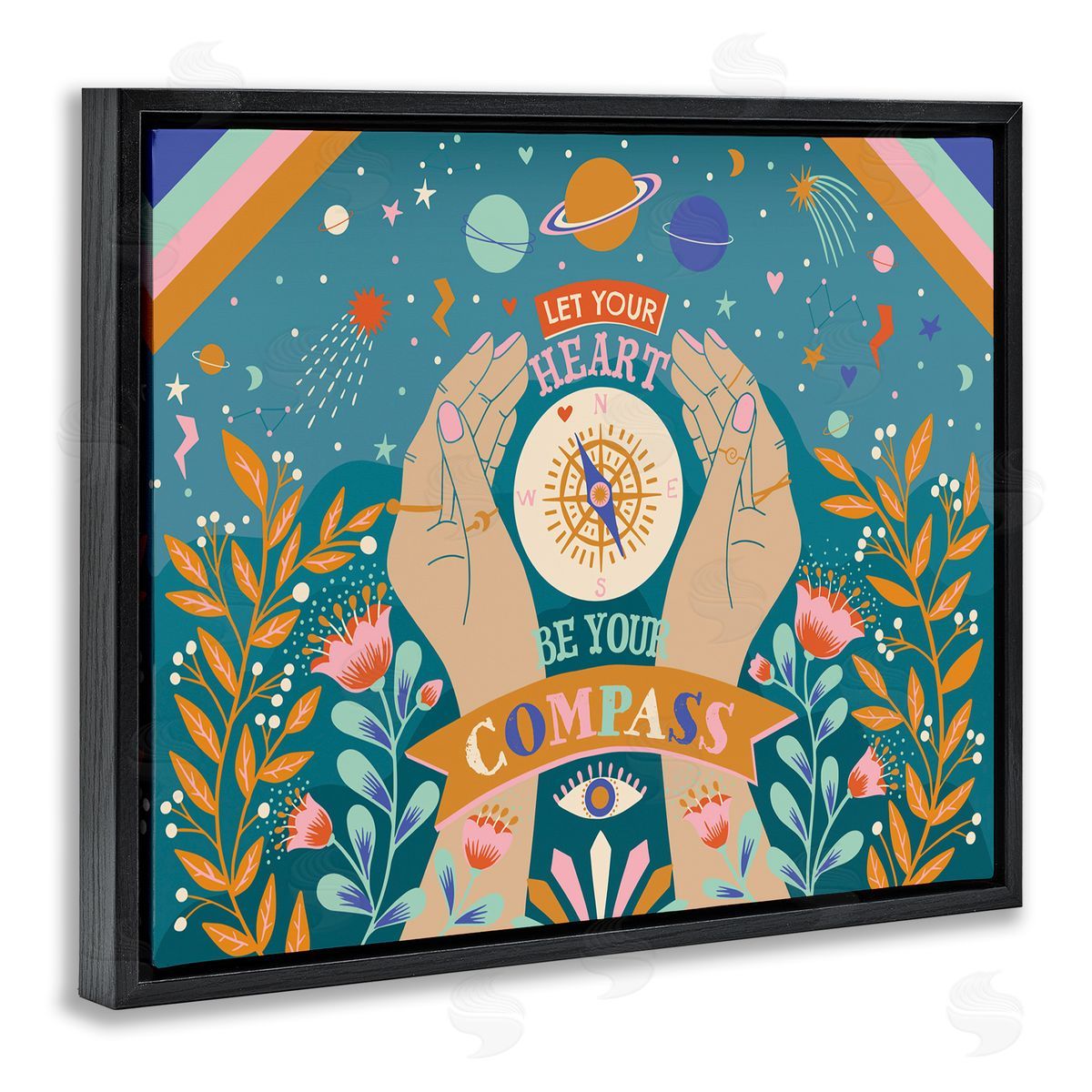 Caroline Alfreds Heart Be Your Compass Phrase Boho Chic Constellations Black Floater Frame Canvas Art