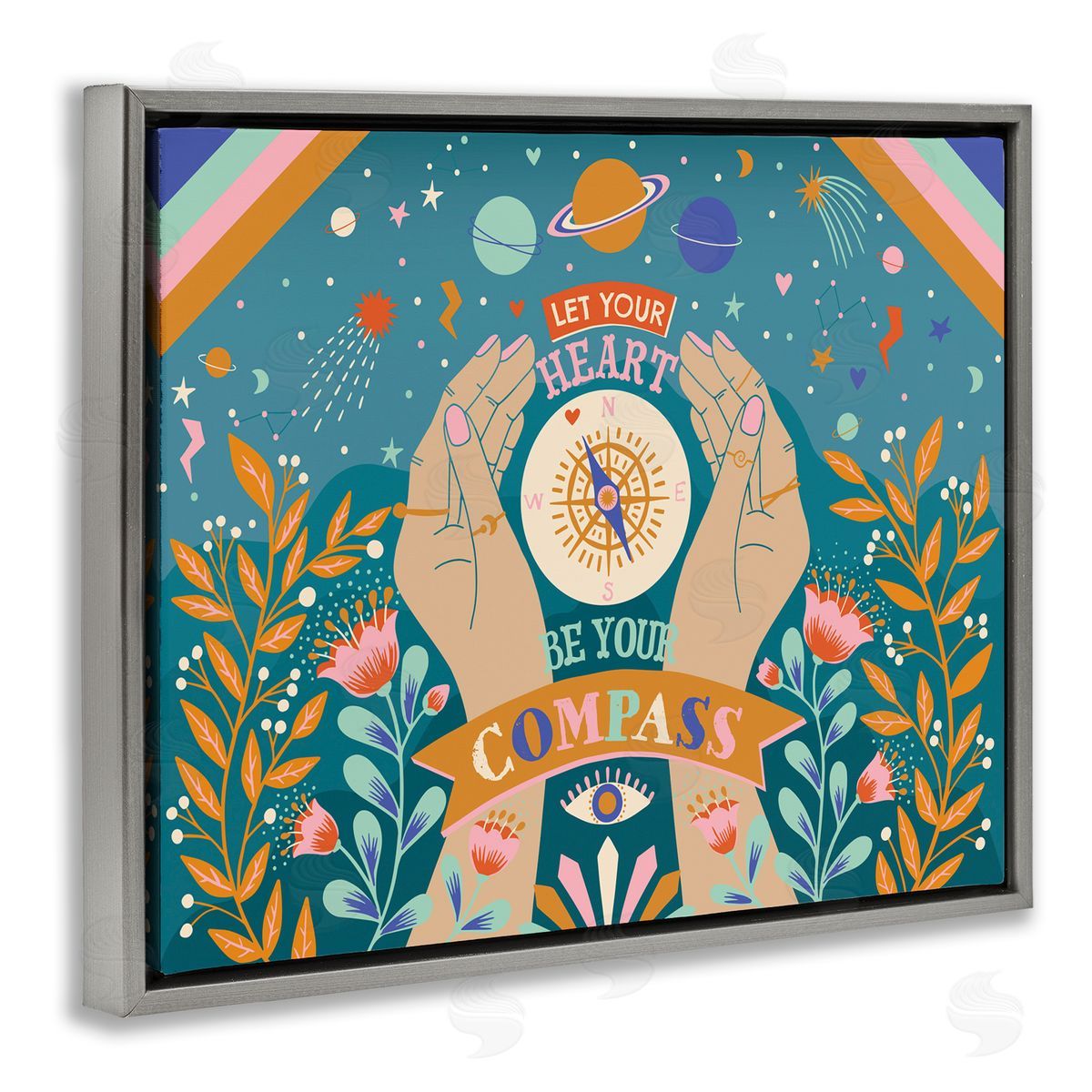 Caroline Alfreds Heart Be Your Compass Phrase Boho Chic Constellations Gray Floater Frame Canvas Art