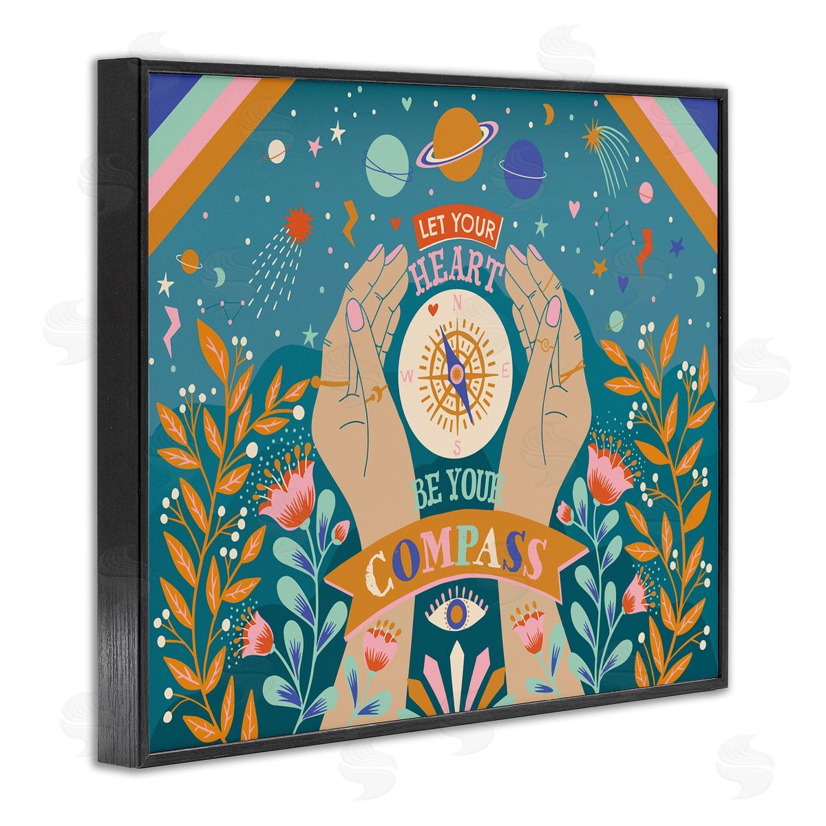 Caroline Alfreds Heart Be Your Compass Phrase Boho Chic Constellations Black Framed Giclee Wall Art