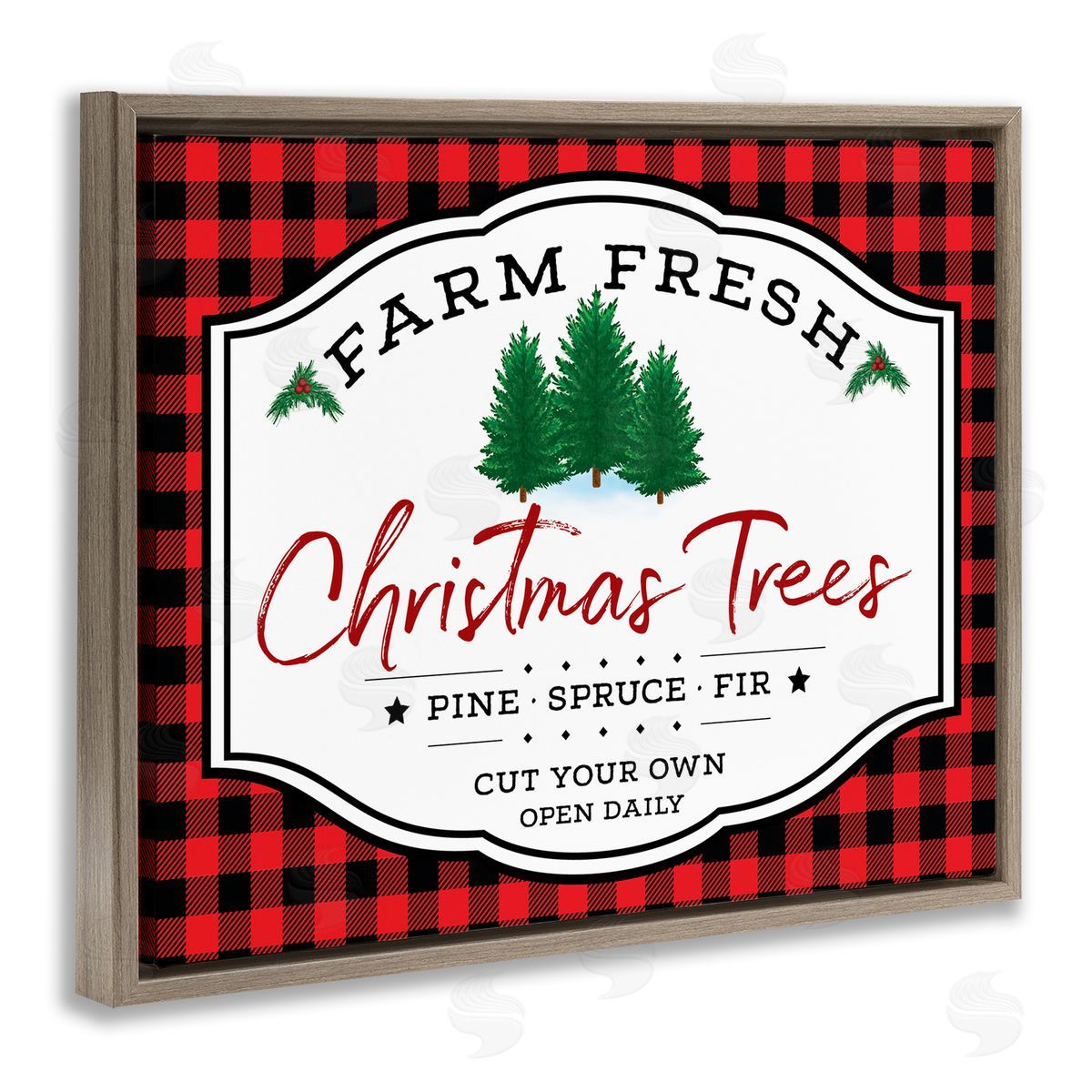 AE Design Farm Fresh Christmas Tree Sign Red Buffalo Plaid Brown Floater Frame Canvas Art