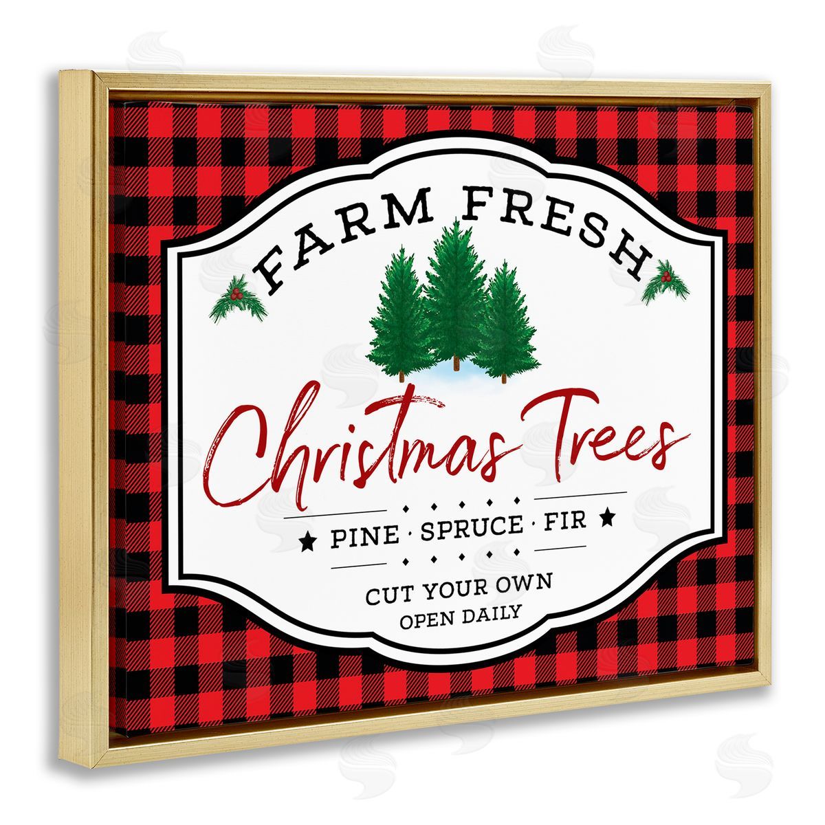 AE Design Farm Fresh Christmas Tree Sign Red Buffalo Plaid Gold Floater Frame Canvas Art