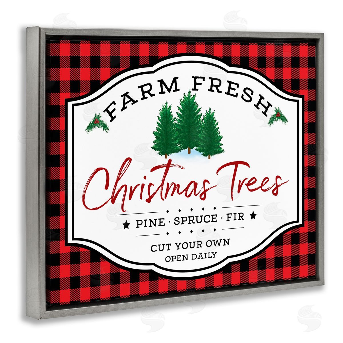 AE Design Farm Fresh Christmas Tree Sign Red Buffalo Plaid Gray Floater Frame Canvas Art