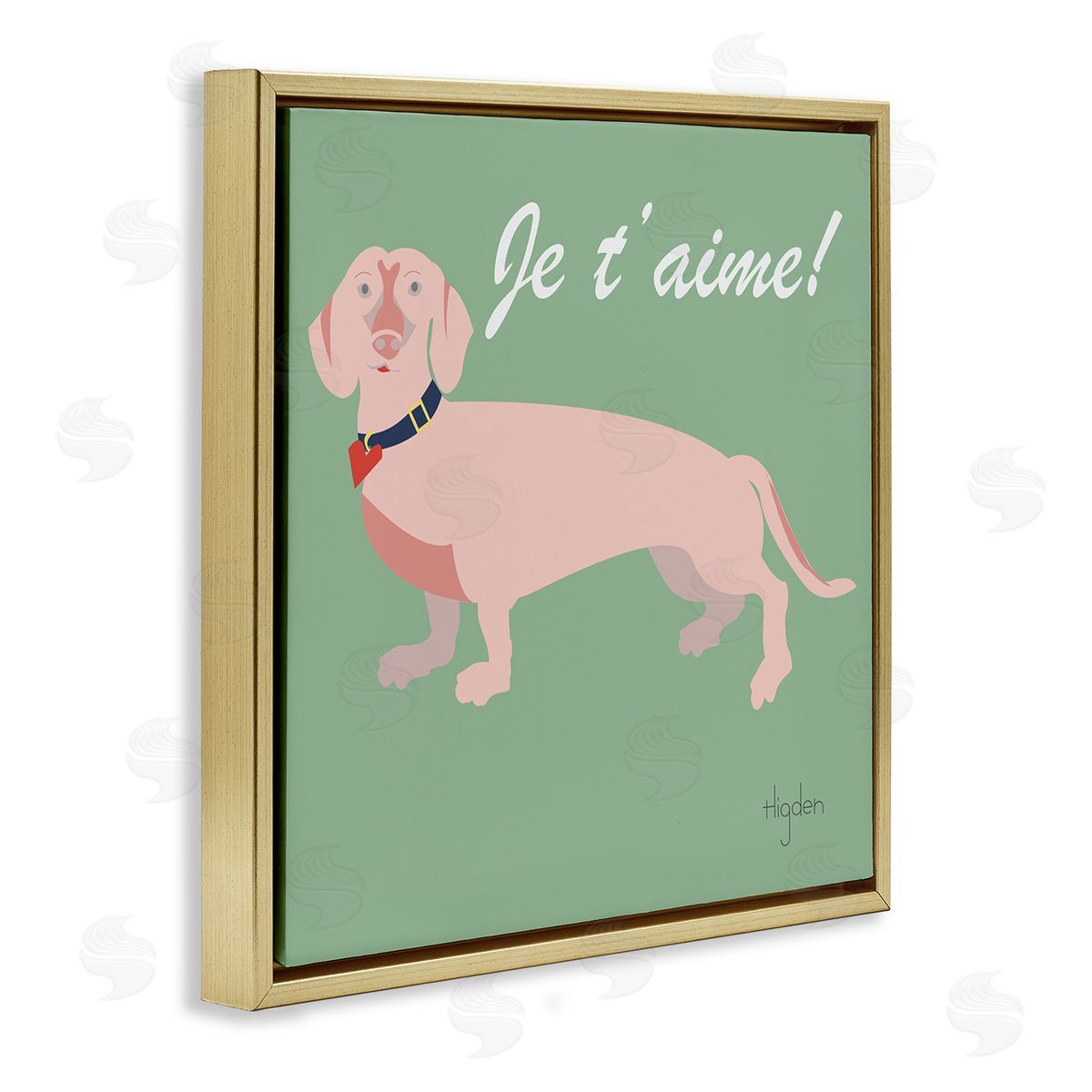 Mark Higden Je t'aime! French Phrase with Pink Dachshund Gold Floater Frame Canvas Art
