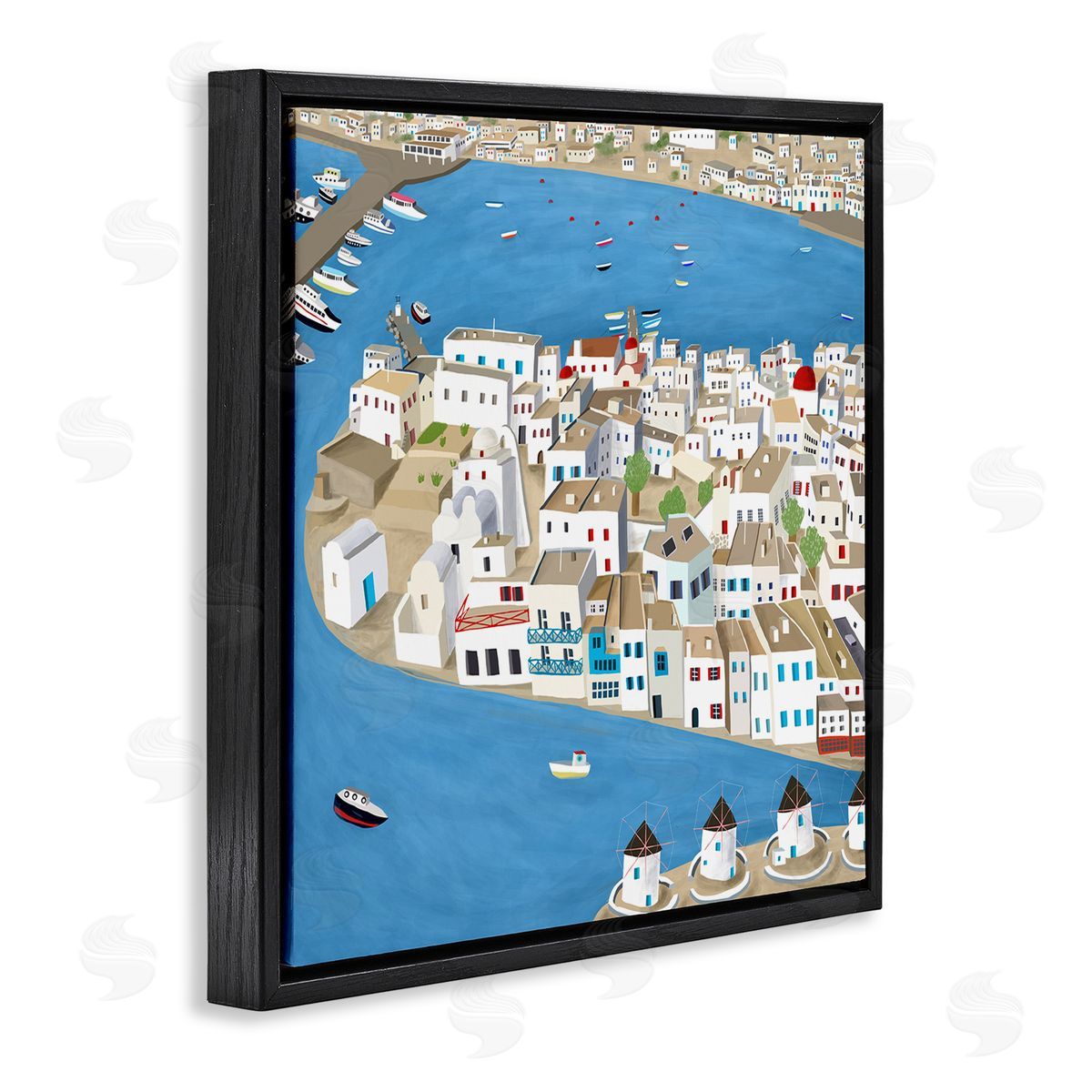 Carla Daly Mykonos Coastal Port Cityscape European City Black Floater Frame Canvas Art