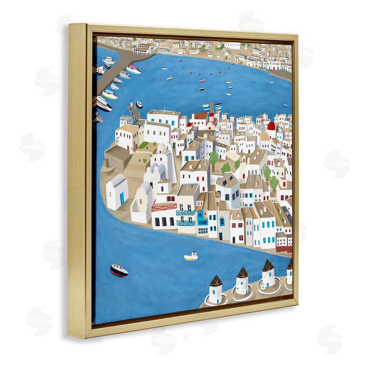 Carla Daly Mykonos Coastal Port Cityscape European City Gold Floater Frame Canvas Art
