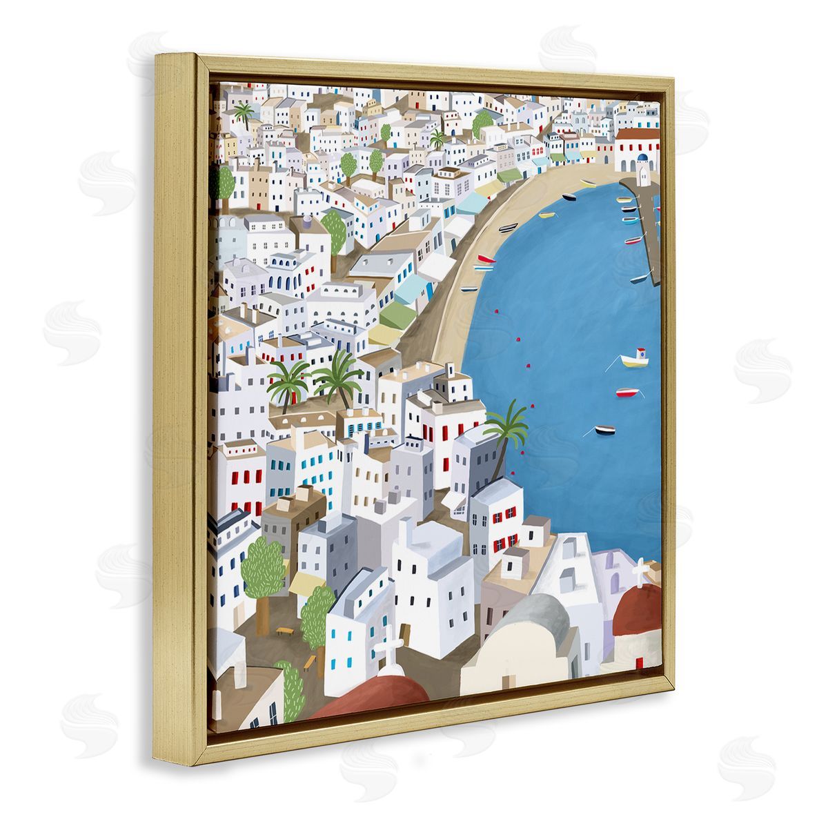 Carla Daly Coastal Beach Mykonos Cityscape Greek Destination Gold Floater Frame Canvas Art