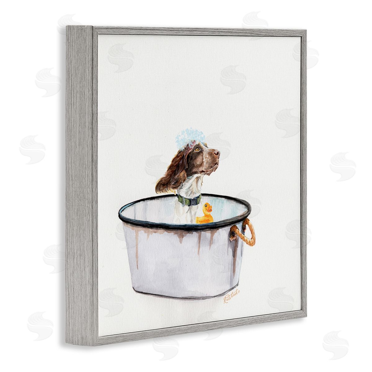 Jennifer Redstreake Dog in Country Bath Tin with Rubber Duck Gray Framed Giclee Wall Art