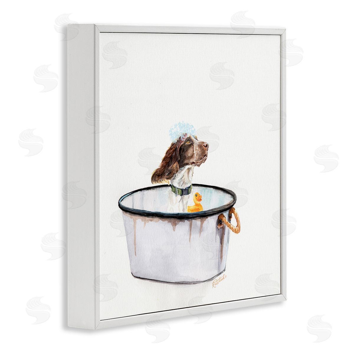 Jennifer Redstreake Dog in Country Bath Tin with Rubber Duck White Framed Giclee Wall Art
