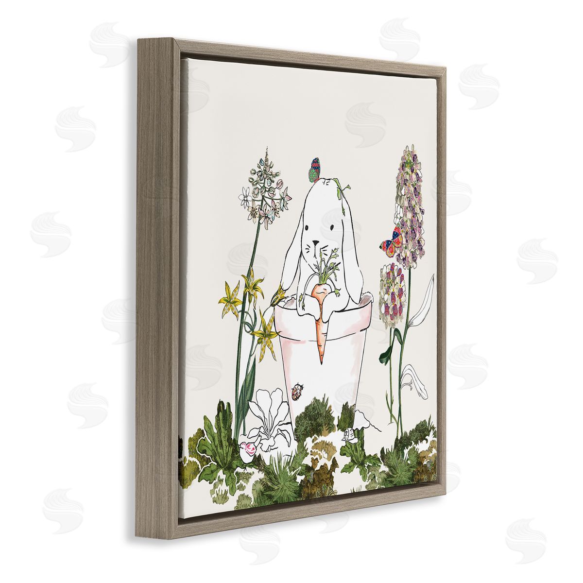 Sangita Bachelet Bunny in Flower Pot Lilac Florals Blooming Brown Floater Frame Canvas Art